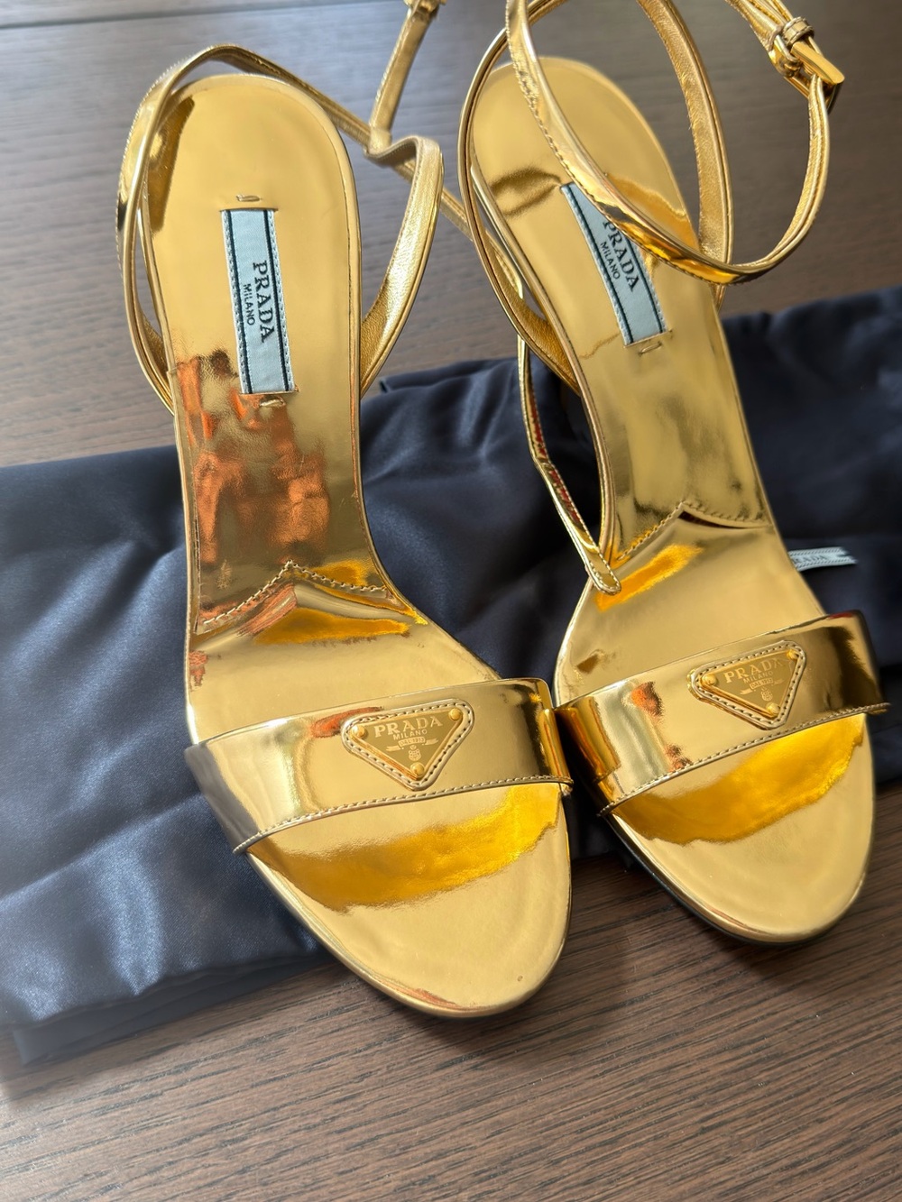 Prada Metallic Gold Leather Ankle-Strap Sandals